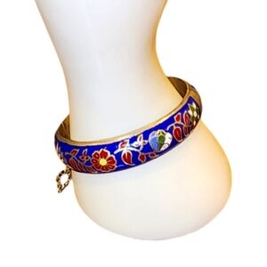 Vintage Cloisonné Blue Enamel Flower Hinged Bangle Bracelet